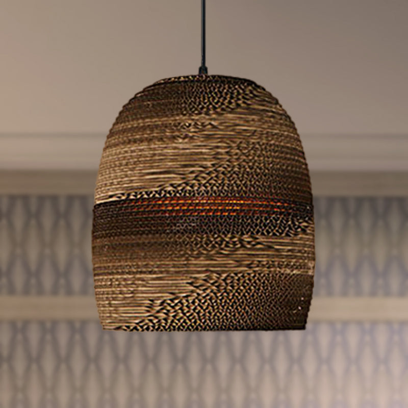 Contemporary Dome/Bowl Shade Suspension Light 1 Head Corrugated Paper Pendant Lamp in Brown