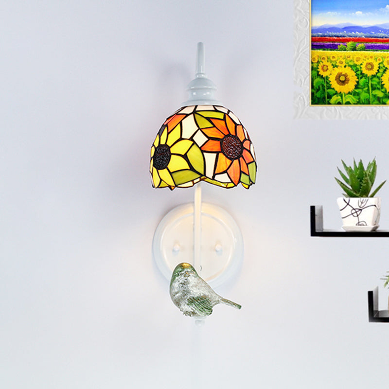 1 Head Sconce Light Tiffany Dome/House Stained Glass Wall Light Fixture in White with Square/Sunflower/Diamond Pattern
