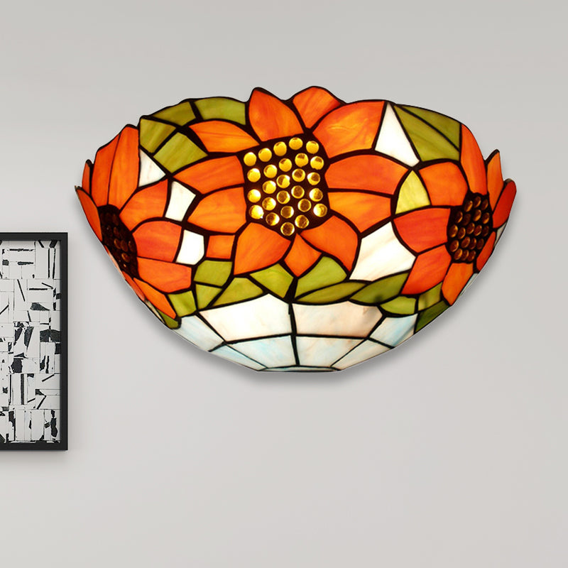 Sunflower Wall Lighting with Bowl Shade Stained Glass Rustic Tiffany Sconce Light