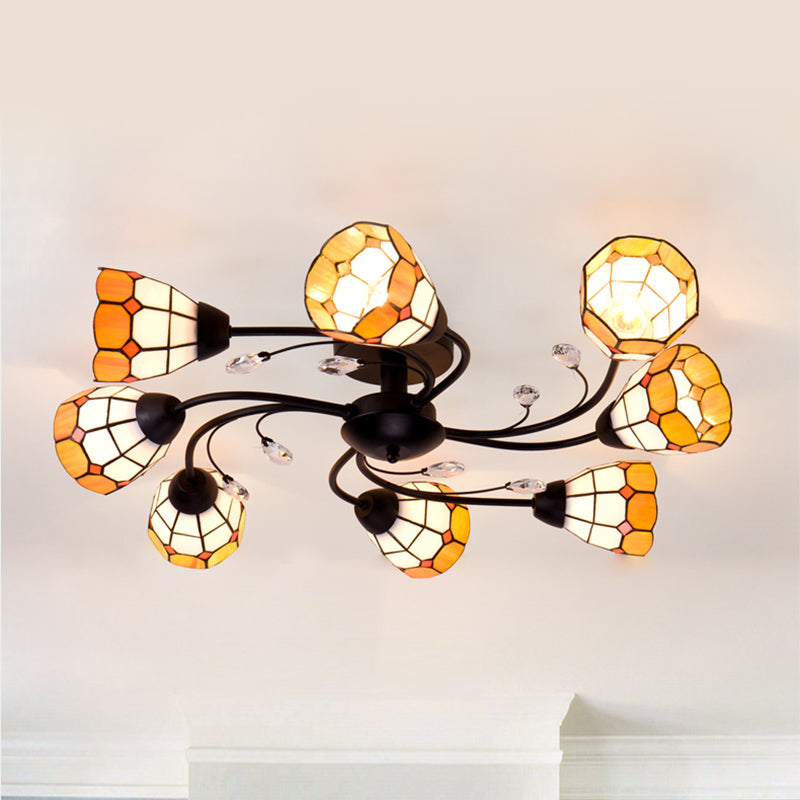 Tiffany Semi-encastré avec bras tourbillonnant et abat-jour en forme de dôme, plafonnier en verre artistique à 8 lumières, Orange/bleu, pour le salon