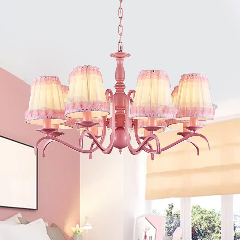 Kids Fold Tapered Shade Chandelier Metal Eight Lights Pink Pendant Light with Lace for Villa