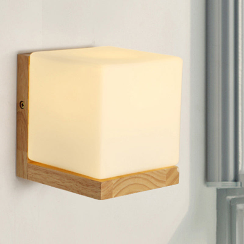 Hotel Restaurant Cube Wall Lamp Opal Glass Wood 1 Light Japanese Style White Wall Lamp
