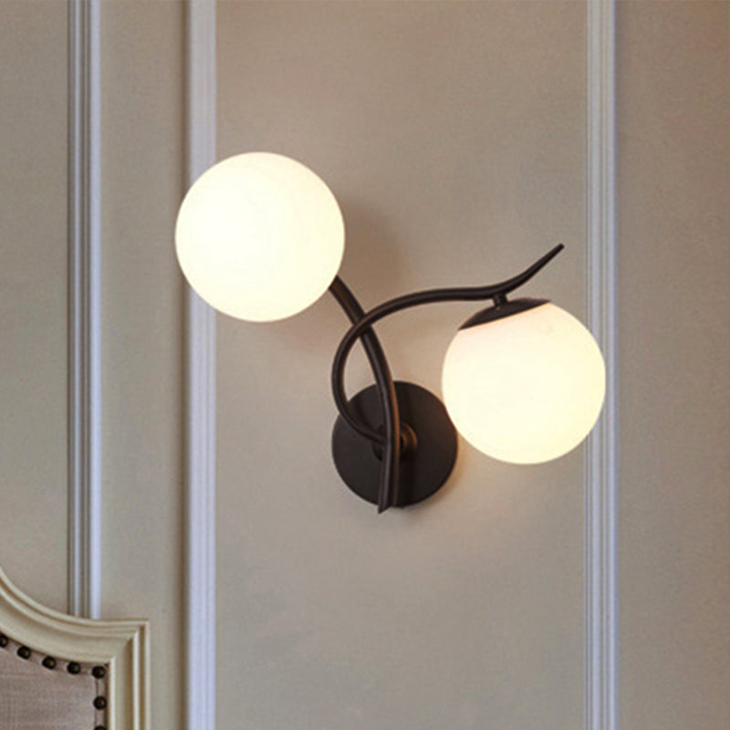 Modern Globe Wall Lighting Fixture 2 Bulbs Milky Glass Sconce Light in Black