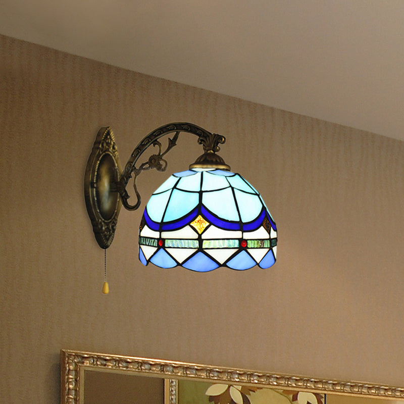1 Light Dome Wall Lamp with Pull Chain Baroque Style Stained Glass Wall Sconce Light in Sky Blue/Navy Blue