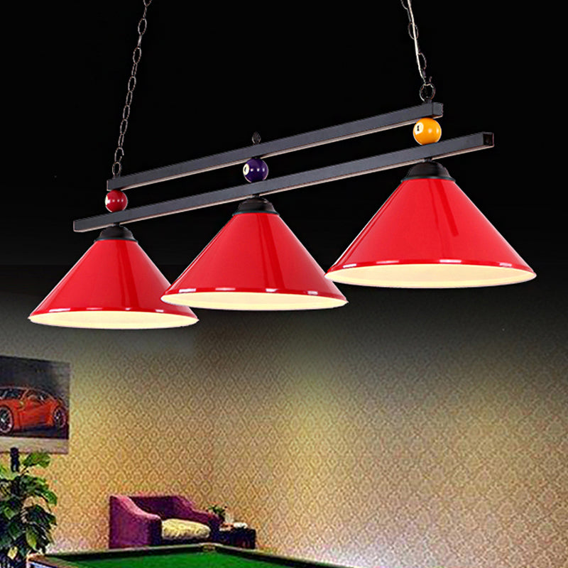 Industrial Style Cone Shade Ceiling Pendant 3 Heads Metal Island Lighting with Billiard Ball Deco in Black/Red