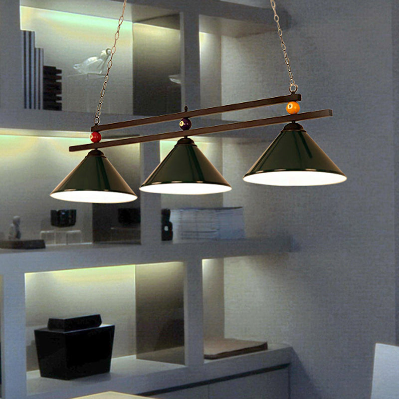Industrial Style Cone Shade Ceiling Pendant 3 Heads Metal Island Lighting with Billiard Ball Deco in Black/Red
