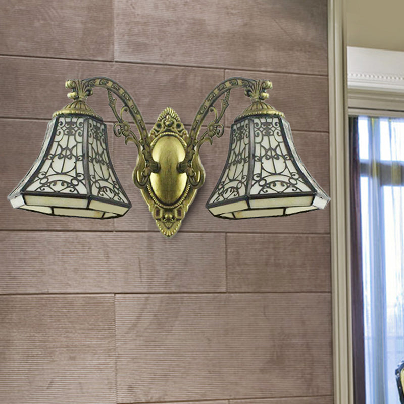 Beige Glass Bell Wall Lighting with Fence Design 2 Heads Rustic Lodge Sconce Light