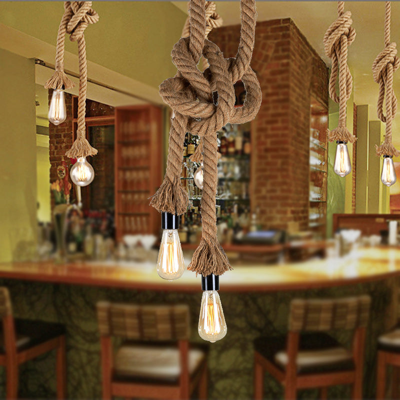 Light Brown 2 Heads Ceiling Pendant Light Vintage Style Rope Open Bulb Hanging Lighting for Bar