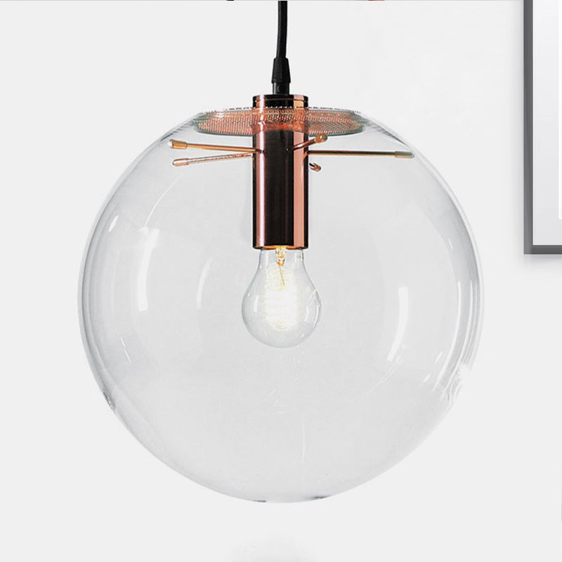 Round Pendant Light Modern 1-Light 6"/8"/12" Wide Clear Glass Hanging Lamp in Rose Gold