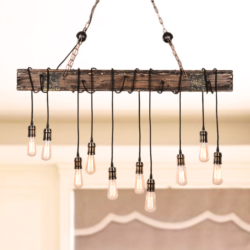 Linear Dining Room Island Lighting with Wooden Beam Lodge Stylish Multi Light Brown Ceiling Light Fixture