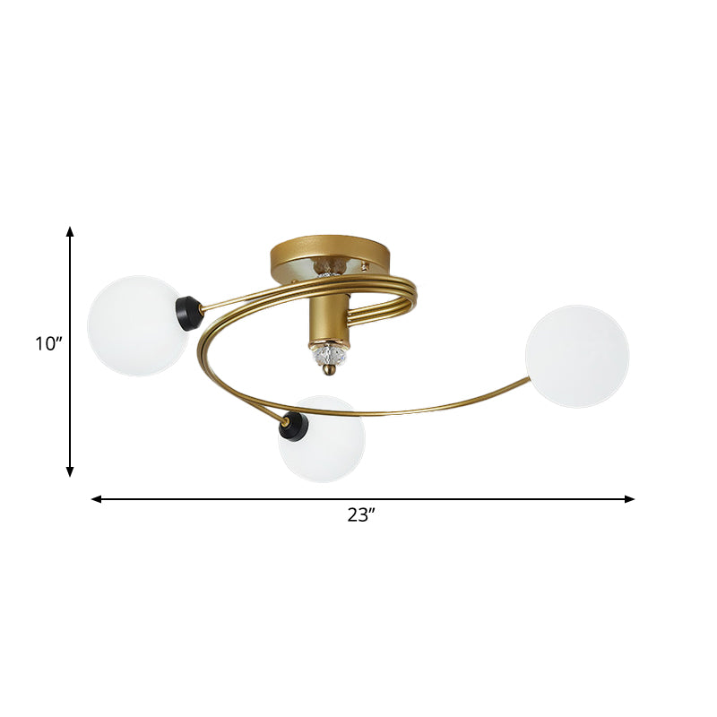 Gold Spiral Semi Flush Lighting Nordic 3/5 Lichter Deckeneinbau mit Orb Klar/Milch/Weiß Glasschirm