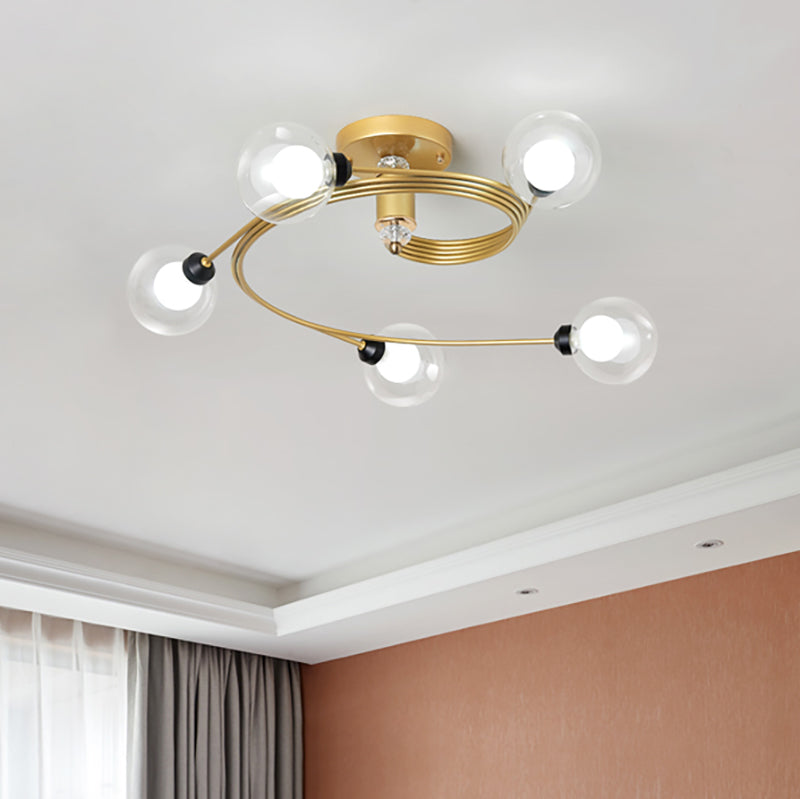 Gold Spiral Semi Flush Lighting Nordic 3/5 Lichter Deckeneinbau mit Orb Klar/Milch/Weiß Glasschirm