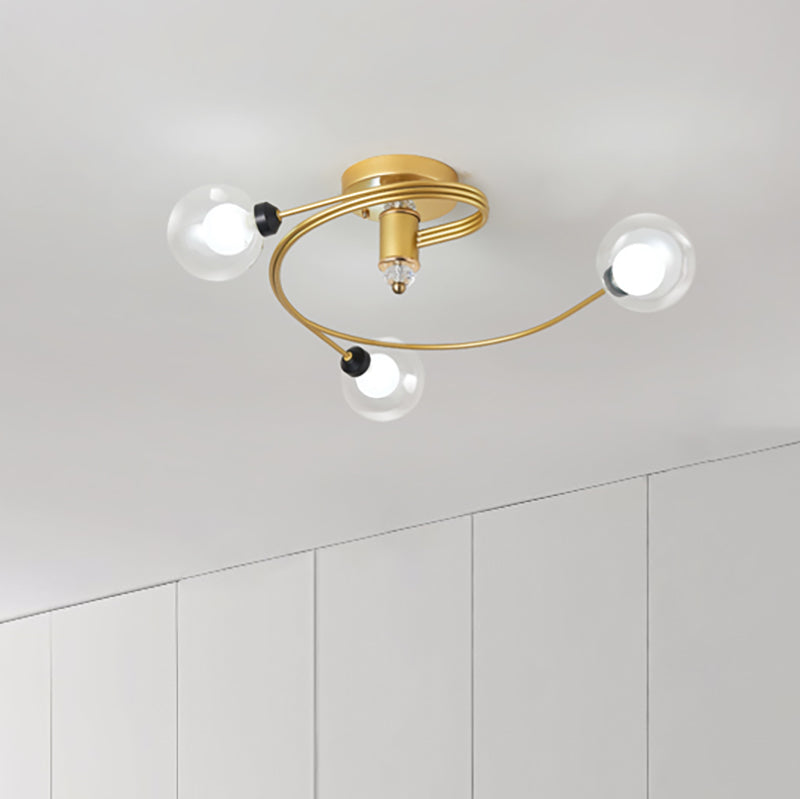 Gold Spiral Semi Flush Lighting Nordic 3/5 Lichter Deckeneinbau mit Orb Klar/Milch/Weiß Glasschirm