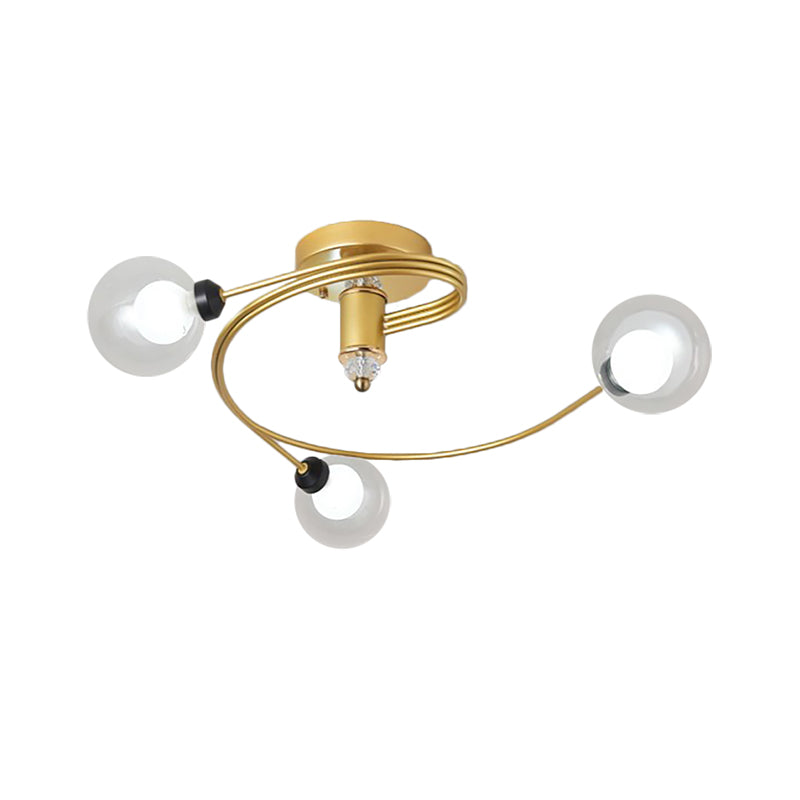 Gold Spiral Semi Flush Lighting Nordic 3/5 Lichter Deckeneinbau mit Orb Klar/Milch/Weiß Glasschirm