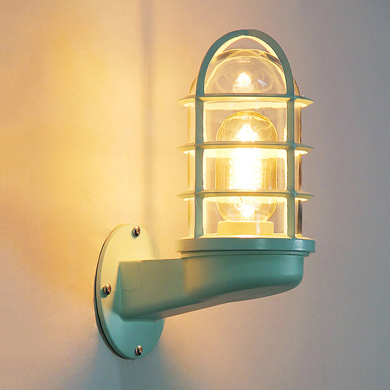 Cylinder Clear Glass Wall Mounted Lamp Industrial Single Bulb Living Room Sconce Light in Pink/Blue/Green with Cage