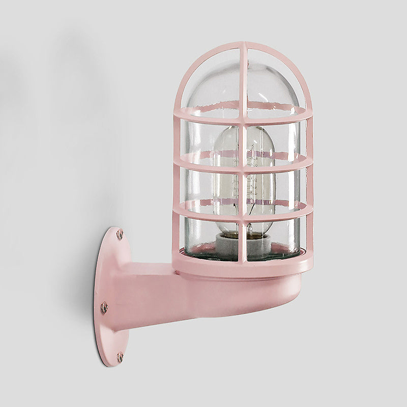 Cylinder Clear Glass Wall Mounted Lamp Industrial Single Bulb Living Room Sconce Light in Pink/Blue/Green with Cage