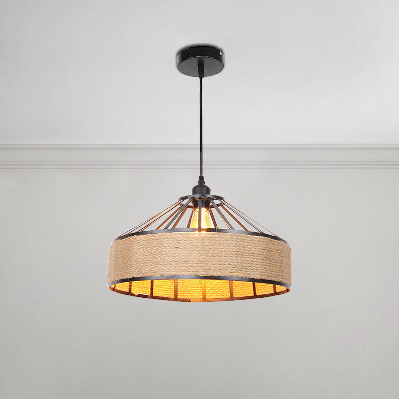 Drum Shade Rope Pendant Ceiling Light Vintage Style 1 Bulb Coffee Shop Hanging Light in Black