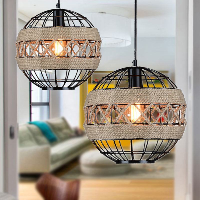 Sphere Pendant Lighting with Metal Frame and Rope Rustic 1 Light Hanging Ceiling Light in Black