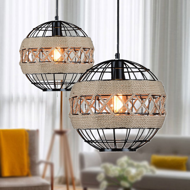 Sphere Pendant Lighting with Metal Frame and Rope Rustic 1 Light Hanging Ceiling Light in Black