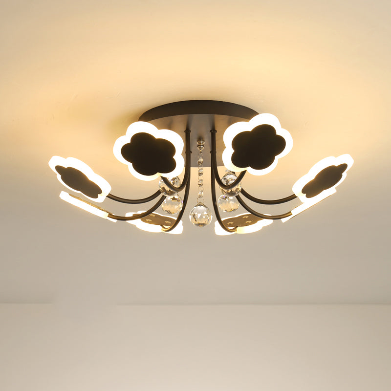 Petal-Shape Semi Mount Light Modern Acrylic 23"/27" W LED Black/White Ceiling Lamp with Clear Crystal Draping, Warm/White Light