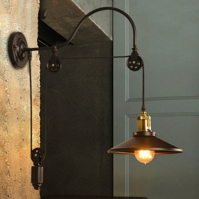 1 Bulb Flat Wall Mounted Lamp Industrial Style Black Metallic Adjustable Wall Lighting Fixture with Pulley Design
