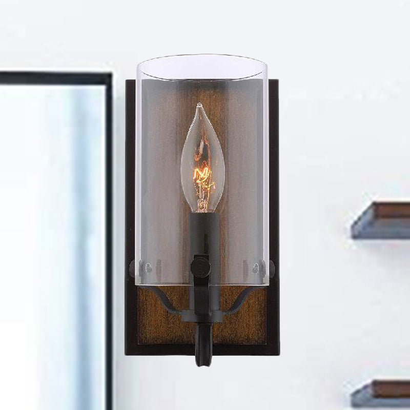 1 Glühbirnenzylinderwandmontage Leuchte für industriellbraune klare Glasbeleuchtung mit Holzrückenplatte