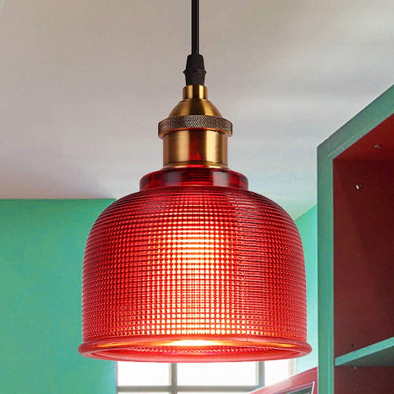 Single Light Dome Pendant Lighting Fixture Industrial Brass Prismatic Glass Hanging Ceiling Light in Red/Bronze/Blue