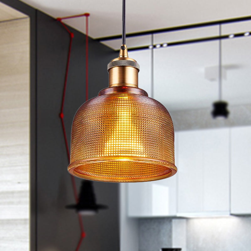 Single Light Dome Pendant Lighting Fixture Industrial Brass Prismatic Glass Hanging Ceiling Light in Red/Bronze/Blue