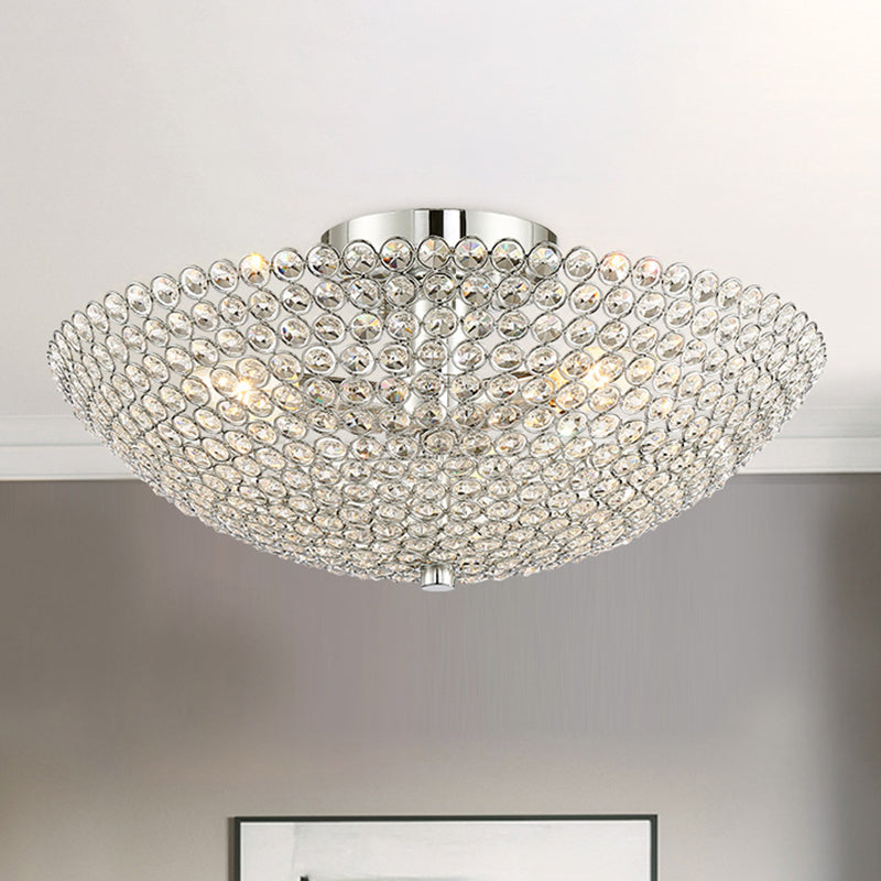 Clear K9 Crystal Bowl Semi Ceiling Flush Mount Contemporary Triple Light Chrome Close to Ceiling Light