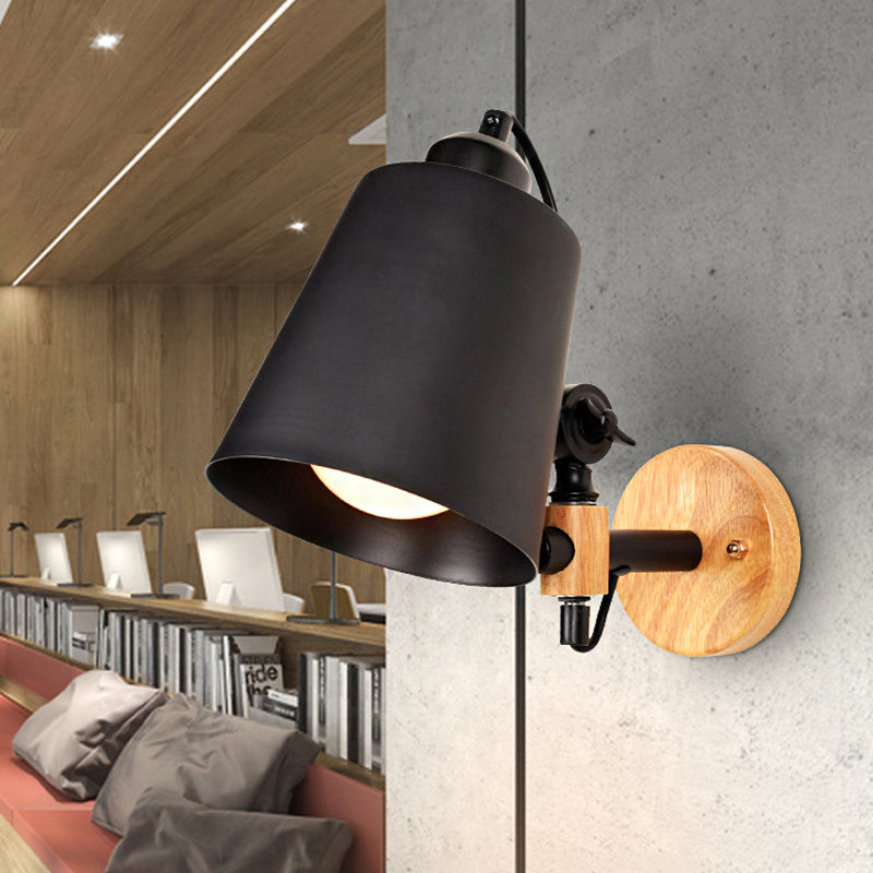 Bucket Shade Metal Wall Lamp Modernism 1 Light Corridor Wall Mount Light with Wooden Backplate in Black/White