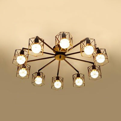 Plafonnier semi-encastré à 6/8/10 têtes avec abat-jour à cage hexagonale en métal de style vintage pour salon près du plafonnier en noir