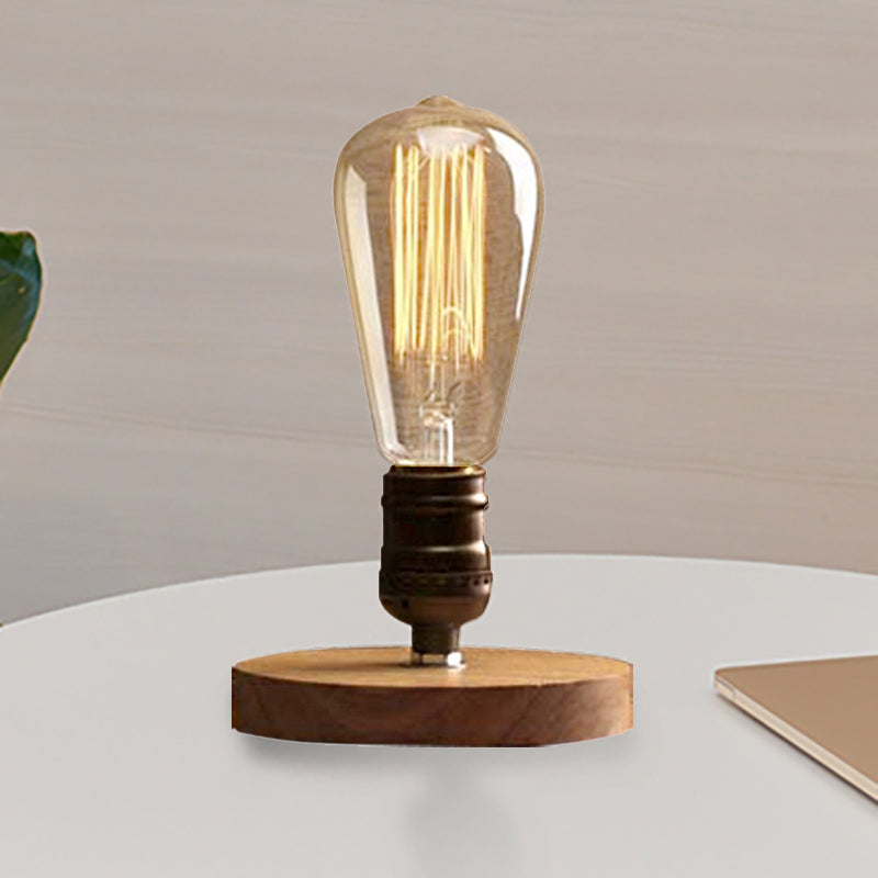 Wooden Circular Base Table Light with Exposed Bulb Farmhouse 1 Light Bedside Standing Lamp in Brass