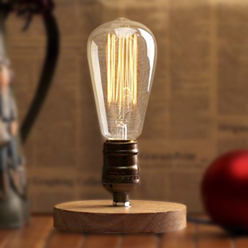 Wooden Circular Base Table Light with Exposed Bulb Farmhouse 1 Light Bedside Standing Lamp in Brass