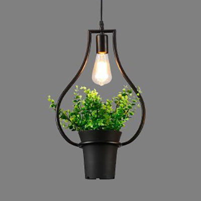 1 Light Planter and Frame Hanging Light Industrial Style Black Finish Metal Pendant Lamp for Balcony