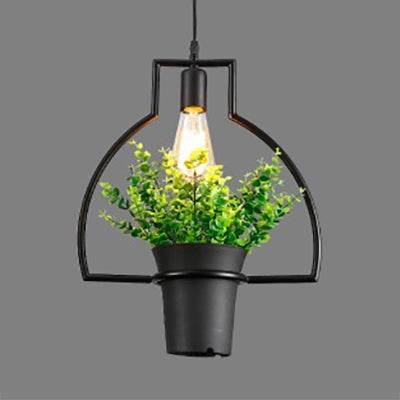 1 Light Planter and Frame Hanging Light Industrial Style Black Finish Metal Pendant Lamp for Balcony