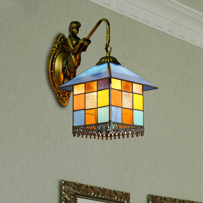 House Wall Light Fixture Mediterranean Multicolor Stained Glass 1 Head Antique Brass Sconce Light