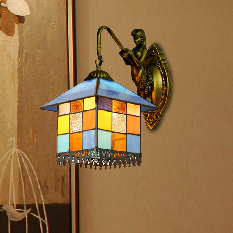 House Wall Light Fixture Mediterranean Multicolor Stained Glass 1 Head Antique Brass Sconce Light
