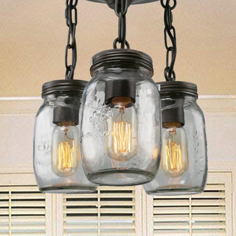 Mason Jar Etched Clear Glass Semi-Flush Industrial 3/5-Bulb Dining Room Light Fixture