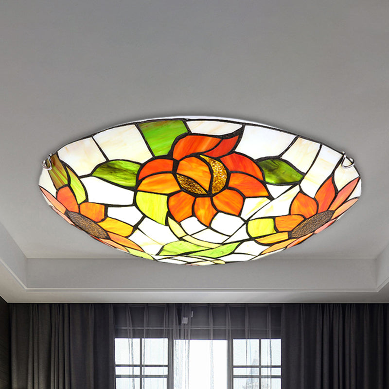 Hotel Dome Flush Mount Light con Sunflower Pattern Colorato Vetro Arancione Arancione