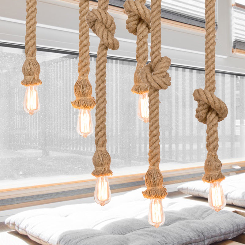 Natural Rope Beige Suspended Light with Open Bulb Country 3 Lights Balcony Pendant Lighting