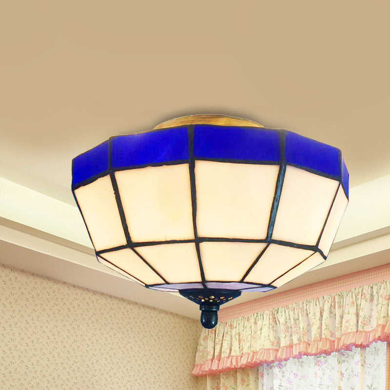 Bowl Flush Ceiling Light Tiffany Style 1 Light Stained Glass Flush Light in Blue and White for Foyer