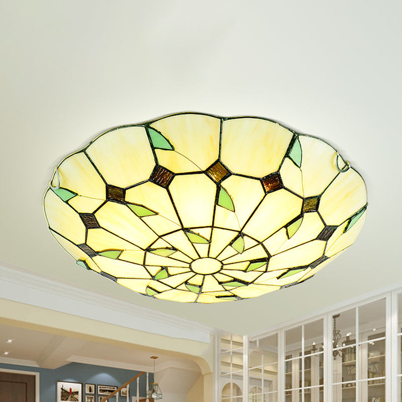 3 Bulbs Bowl Flush Lighting Stained Glass Tiffany Ceiling Light Fixture for Living Room