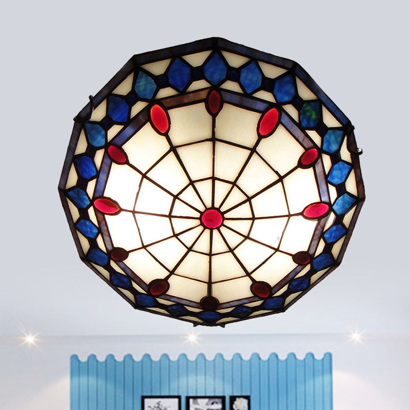 Stained Glass Flush Ceiling Light 3 Lights Tiffany Style Art Deco Flush Mount Light with Rhombus Pattern