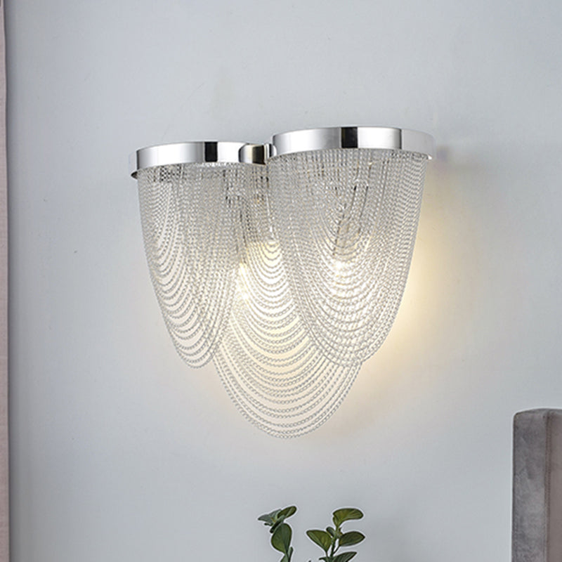 Metal Chain Shade Wall Light Fixture Postmodern 2 Lights Bedroom Sconce Light in Chrome