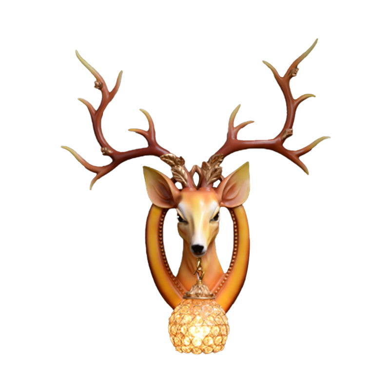 Dome Wall Light Fixture Traditional Metal and Crystal 1 Light Brown/White Sconce Light with Deer Decoration