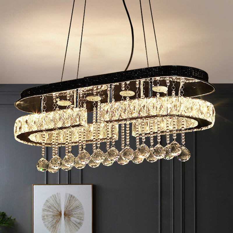 Stainless Steel Oblong Island Light Modern LED Crystal Pendant Lighting Fixture with Ball Tassel