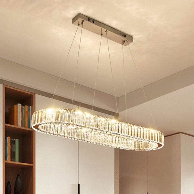 Restaurant LED Hanging Pendant Simple Stainless Steel Island Light with Oval Crystal Shade