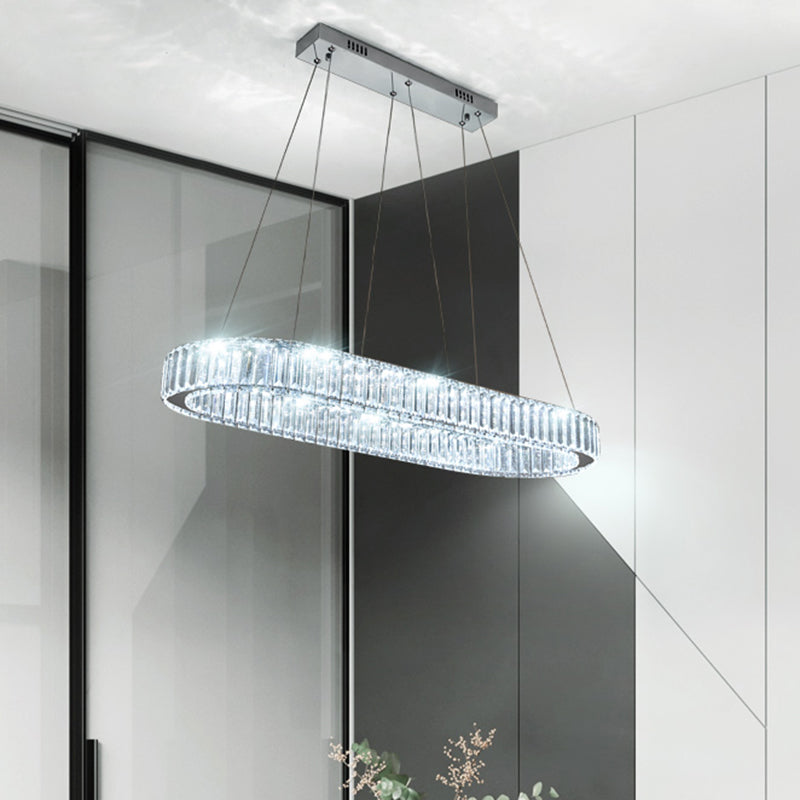 Restaurant LED Hanging Pendant Simple Stainless Steel Island Light with Oval Crystal Shade