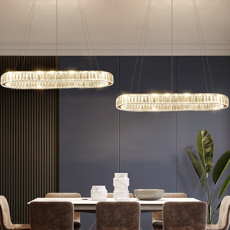 Restaurant LED Hanging Pendant Simple Stainless Steel Island Light with Oval Crystal Shade