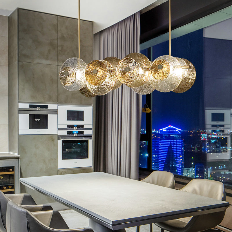 Disc Textured Glass Island Lighting Postmodern 4-Light Brass Suspension Light for Dinner